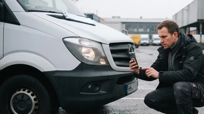 Illustrative image: a fleet checker crouched by a white van in the depot rain, photographing the front end with his phone.