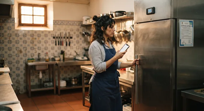 Illustrative image: a café kitchen in Spain — a cook in an apron checks the cold store, phone in hand.