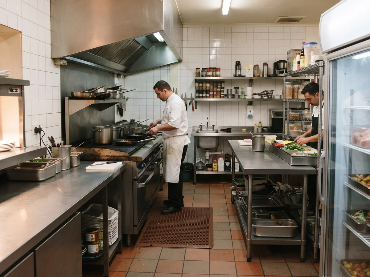 Illustrative image: the cookline — range, extraction canopy and prep bench in a working kitchen