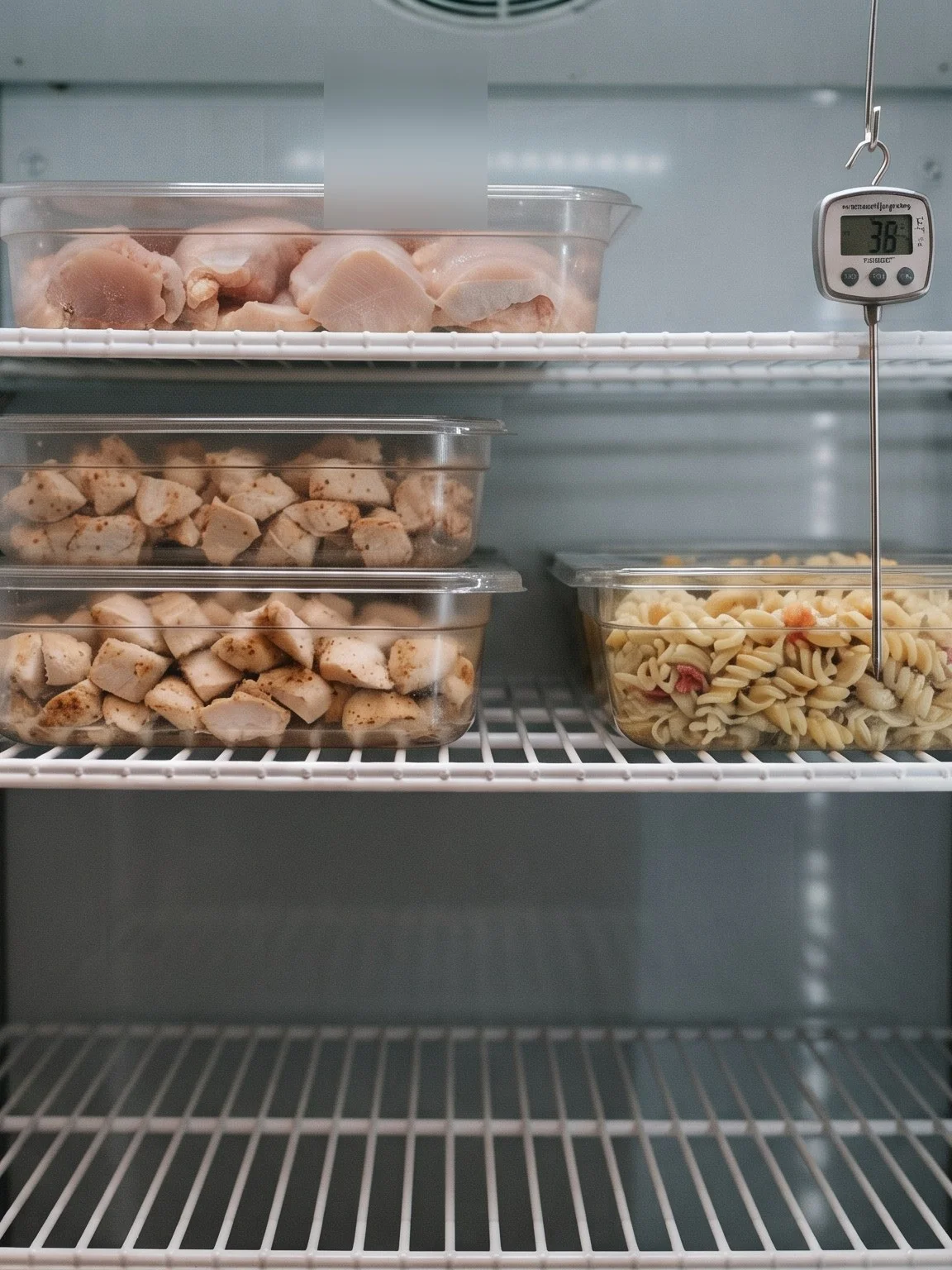 Illustrative image: the fridge interior — raw chicken on the top shelf above cooked chicken and pasta, the hanging probe dial reading 36