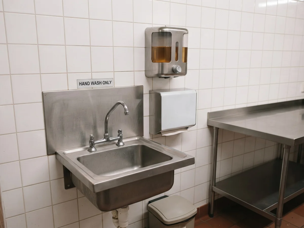 Illustrative image: the dedicated handwash basin — soap dispenser, paper towels, HAND WASH ONLY sign and a foot-operated bin