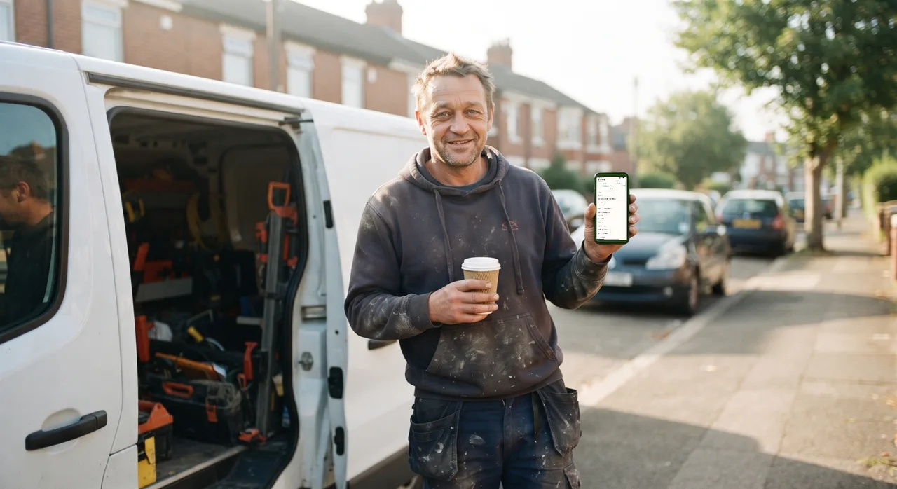 Illustrative image: a tradesman by his van with a coffee, holding up the finished report on his phone.