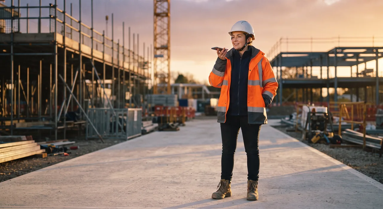 Illustrative image: a site manager on a construction site at sunset, on a call.