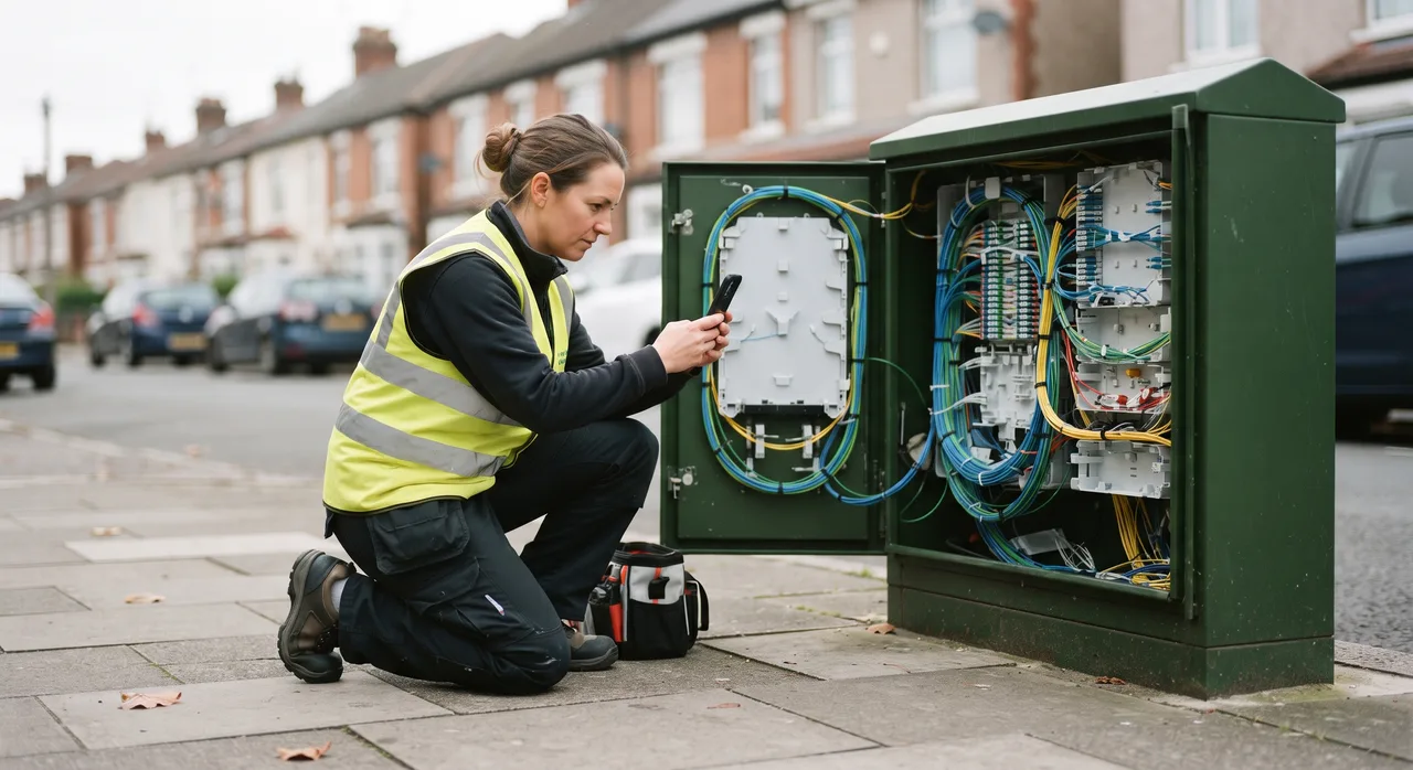 Illustrative image: a telecoms engineer by a street cabinet, phone in hand.