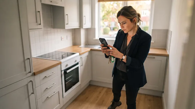 Illustrative image: a letting agent in a flat's kitchen, phone and keys in hand, checking the property between tenancies.