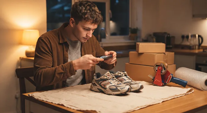 Illustrative image: an online seller photographing trainers at his kitchen table, parcels and packing tape behind.