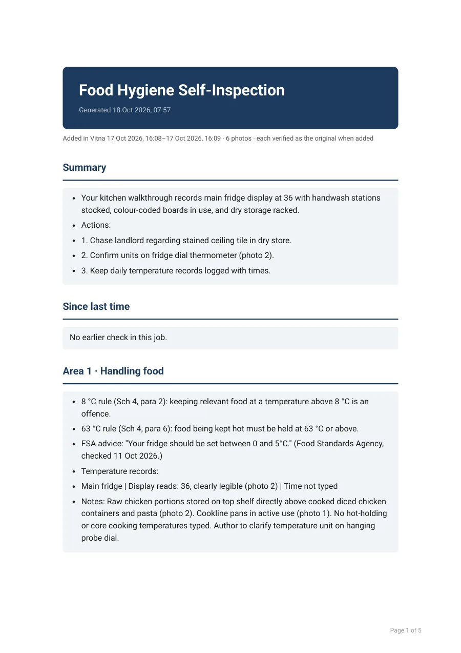 First page of the report Vitna wrote from that message — The food-hygiene walkthrough