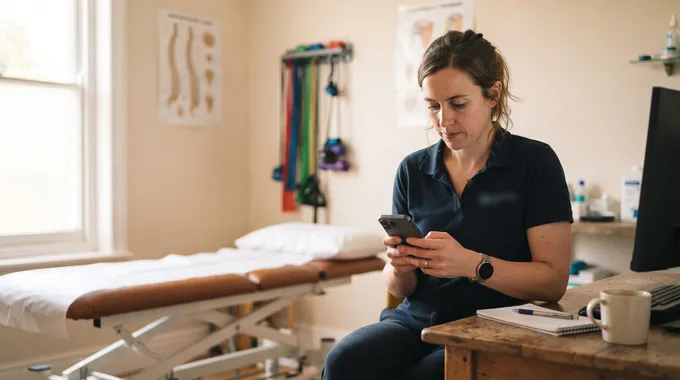 Illustrative image: a physiotherapist in her treatment room, reading her phone notes beside the couch.