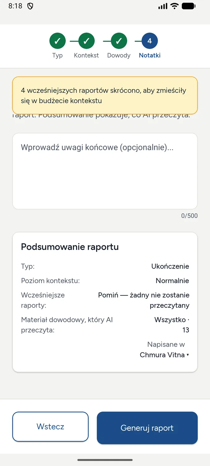 The Vitna app pre-report check listing what the report will use