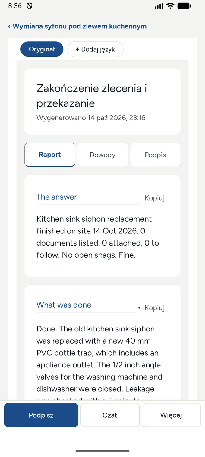 The Vitna app showing the drafted report with Polish headings