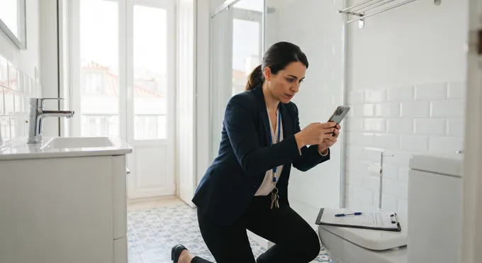 Illustrative image: a turnover inspector photographing a bathroom's fittings for the inventory, clipboard and keys at hand.