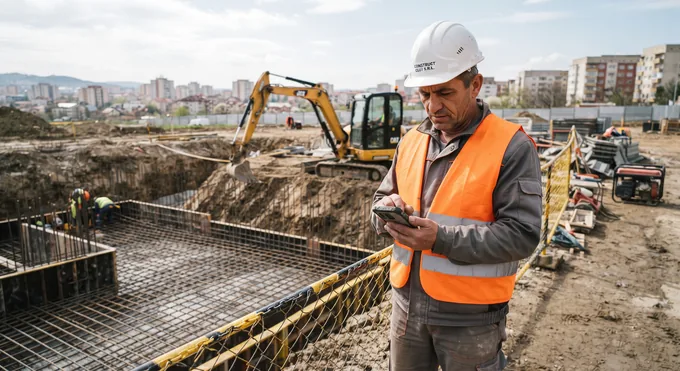 Illustrative image: a builder in a hard hat and hi-vis types on his phone at a Romanian site, rebar and an excavator behind.