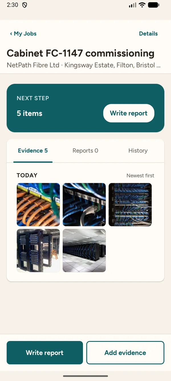 The Vitna app — job page with five evidence photos of a fibre cabinet